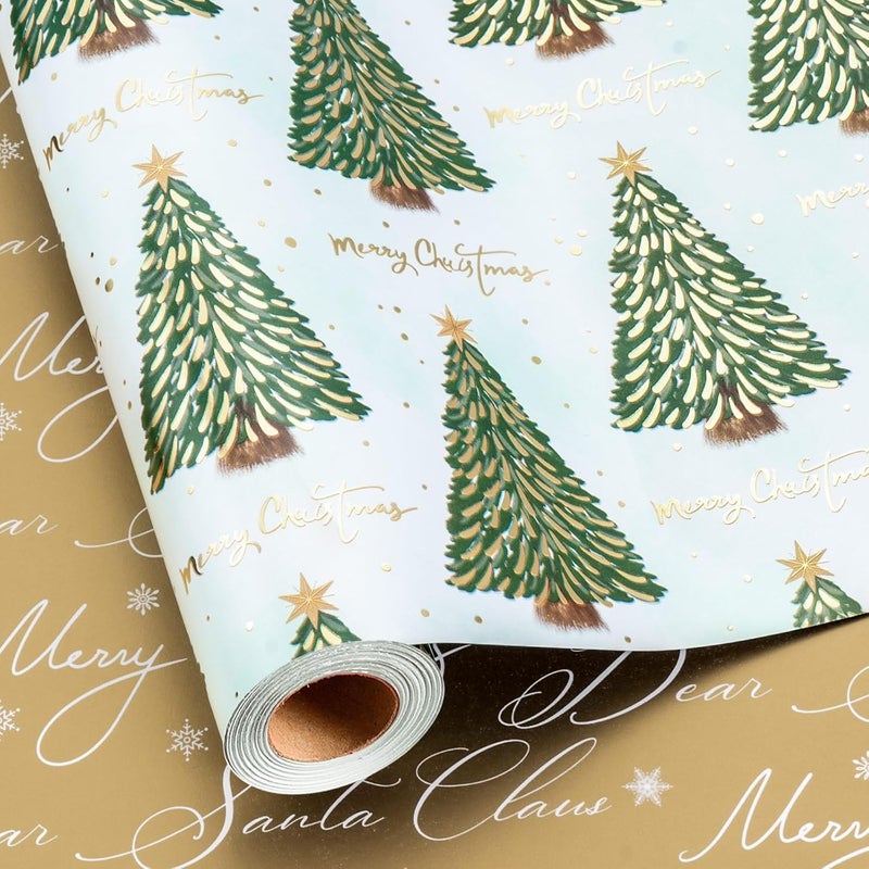 Retrify Reversible Christmas Wrapping Paper - Green Christmas Tree Design Metallic Gold Foil Shine Gift Wrap Paper for Holiday Shower Party Celebration - 17 Inch x 32.8 Feet Mini Roll - Image 2